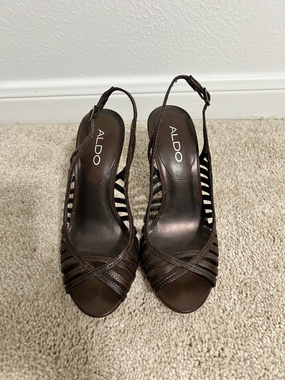 Aldo Brown Strappy Leather Slingback Heels
